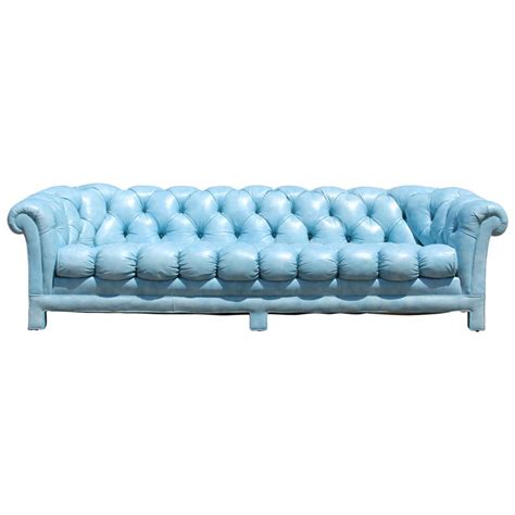 Mid Century Modern Tufted Blue Leather Chesterfield