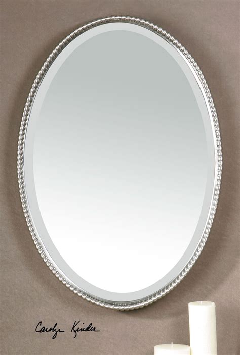 Silver Nickel Beaded Edge Oval Wall Mirror 32 Vanity Bathroom Horchow