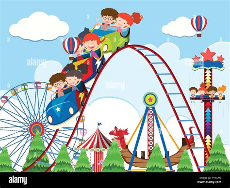 Children And Rides At Amusement Park Illustration Stock Vector Image