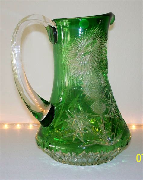 Vintage 1990s Caesar Crystal Signed 9 Green Pitcher Vase Czech Bohemian Green Vase Crystal