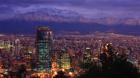 Santiago Chile City Buildings Cars Lights Mountainside
