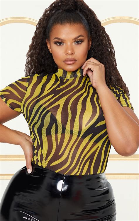 Plus Yellow Cheetah Print High Neck Bodysuit Prettylittlething Usa