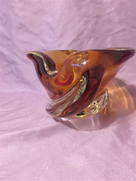 Chalet Glass Art Glass Amber Vintage Mcm Handmade Hand Blown Signed