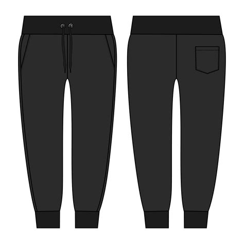 Jogger Pants Fashion Technical Flat Sketch Vector Black Color Template Front Back View Slim