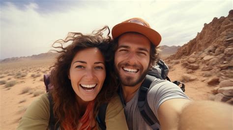 Premium Ai Image Happy Couple Of Travelers Taking Selfie Picture In