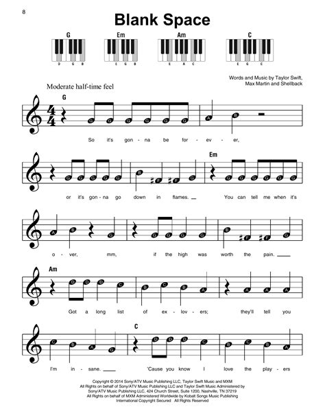 Taylor Swift Blank Space Sheet Music Chords And Lyrics Download