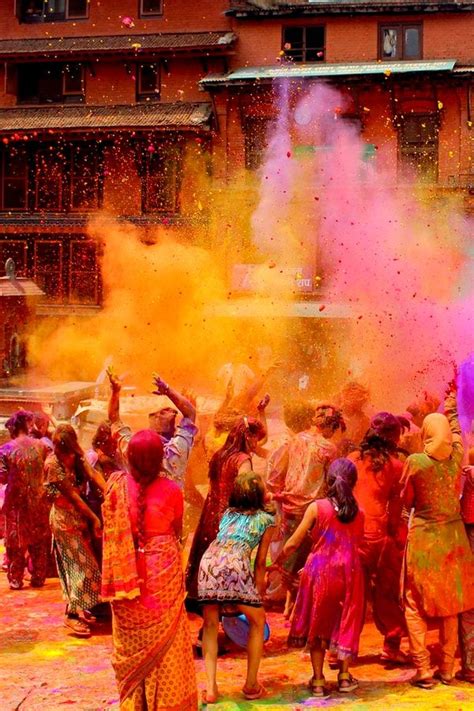 People In Nepal Celebrating Holi Festival In Spring In Bhaktapur Holi