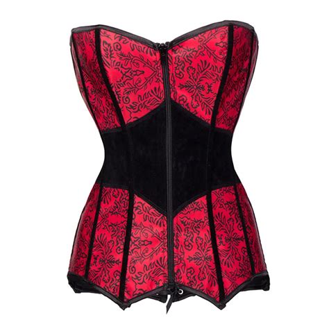 Red And Black Floral Print Corpetes Corseletes Overbust Corset Top Sexy