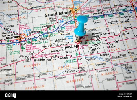 A Map Of Hastings Nebraska Marked With A Push Pin Stock Photo Alamy