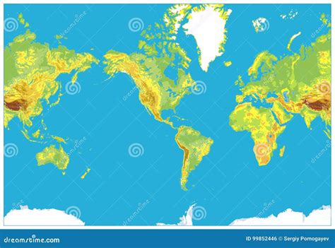 America Centered Detailed Physical World Map Stock Vector