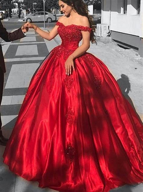 Red Satin Ball Gown Prom Dressoff The Shoulder Prom Gown12078