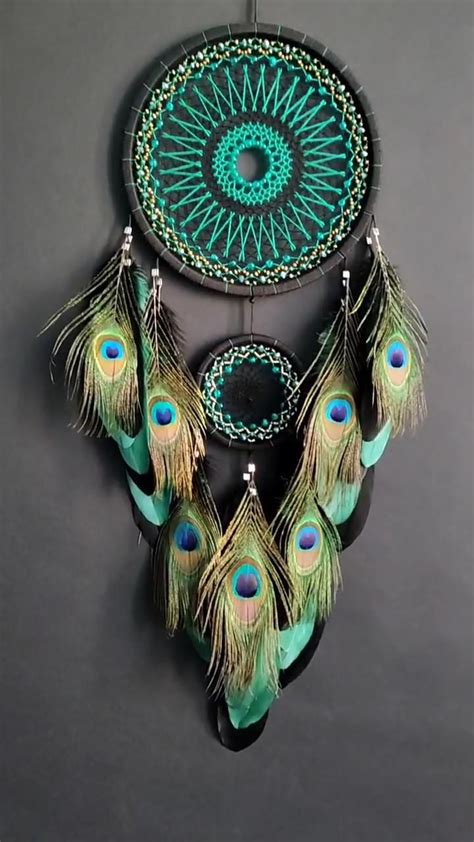 Large Black Green Dream Catcher With Peacock Feathers Dream Catcher Diy Dream Catcher Craft