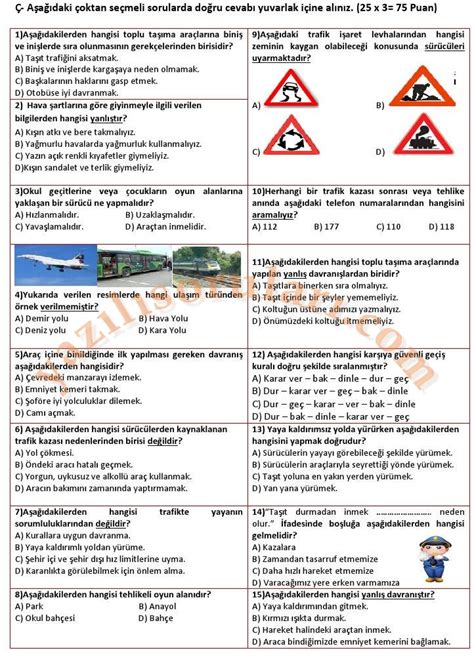4. Sınıflar trafik güvenliği dersi 2. dönem 1. yazılı sınav soruları