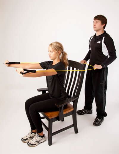 Image Showing The Seated Band Chest Press With Partner Exercise Live