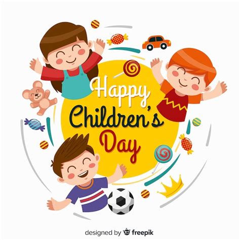Premium Vector Flat Childrens Day Kids With Games And Candies