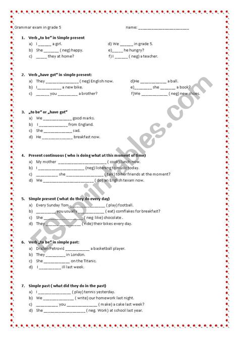 Worksheets are grammar work parallelism including correlative, ab6 gp pe tpcpy 193605, language handbook work, dear incoming 7 grade english students, grammar usage, w o r k s h e e t s, name date grammar work adjectives describing people, grade 7 practice test. grammar exam in grade5 - ESL worksheet by mako5