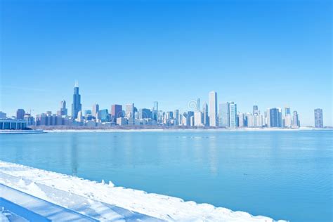 Winter In Chicago Downtown With City Skyline Stock Photo Image Of