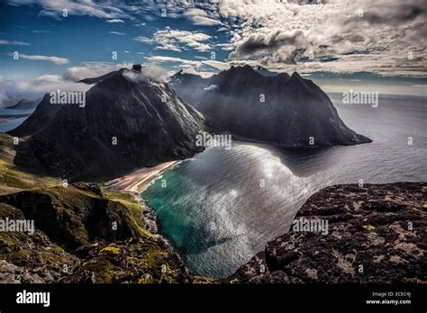 Norway Nordland Flakstad Lofoten Island Vestvika Elevated View