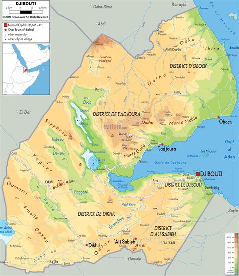 Djibouti is bordered by the gulf of aden, eritrea to the north, somalia to the east, and ethiopia to the west and djibouti is one of nearly 200 countries illustrated on our blue ocean laminated map of the world. Physical Map of Djibouti - Ezilon Maps
