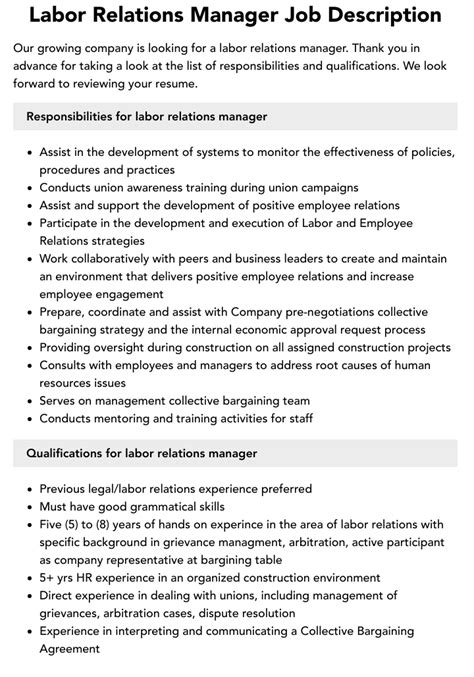 Labor Relations Manager Job Description Velvet Jobs