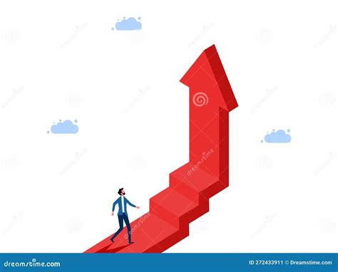 Man Follows A Growth Ladder Arrow. Career Progression And Growth Stages