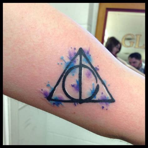 Triangle tattoo wand tattoo music tattoo harry potter art tattoos harry potter tattoos body he sat like a champ for his first tattoo. harry potter water color tattoo | Tattoos | Pinterest ...