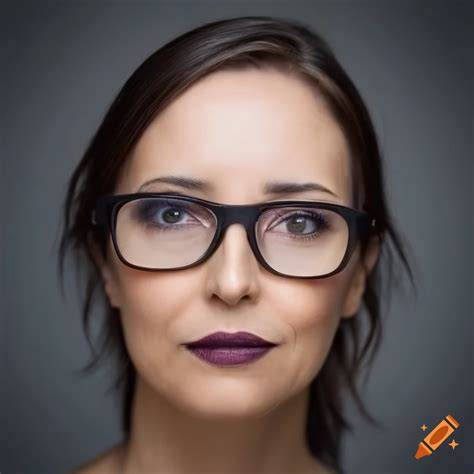 portrait of a 40 year old brunette woman with rounded square glasses thin lips hazel eyes on
