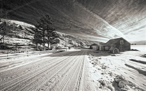 Snow Winter Road House Bw Trees Black White Roads Architecture