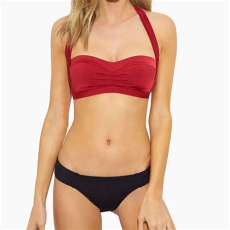 Women Red Solid Swimwear Sling Bikini Solid Two Piece Swimsuit Bra Push