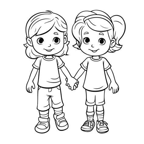 Two Kids Holding Hands Coloring Page Outline Sketch Drawing Vector