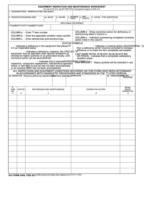 Da Form 2404 Equipment Inspection And Maintenance Worksheet Printable