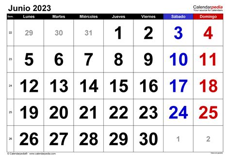 Calendario Junio 2023 En Word Excel Y Pdf Calendarpedia