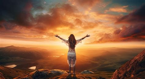 Premium Ai Image Happy Young Woman With Raised Hands Standing On Top