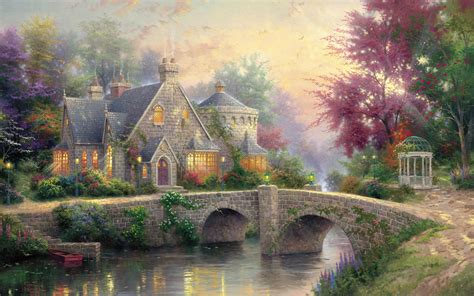 Download Wallpaper For X Resolution Lamplight Manor Art Painting House Bridge River