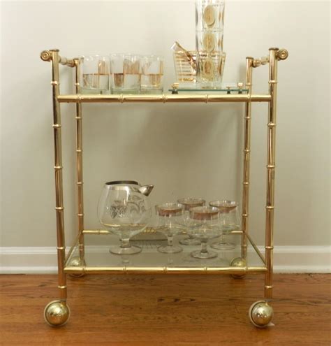 Vintage Bar Cart Gold Metal Faux Bamboo Glass Tiers Rolling