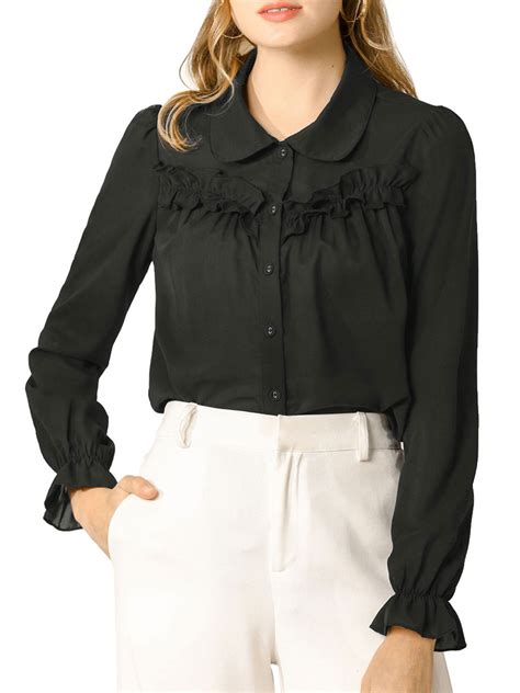 Unique Bargains Women S Peter Pan Collar Ruffled Front Long Sleeve