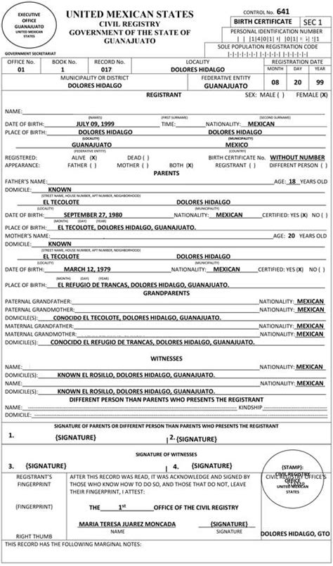 Mexican Birth Certificate Translation Template