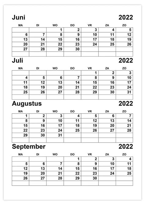 Kalender Juni Juli Augustus September 2022