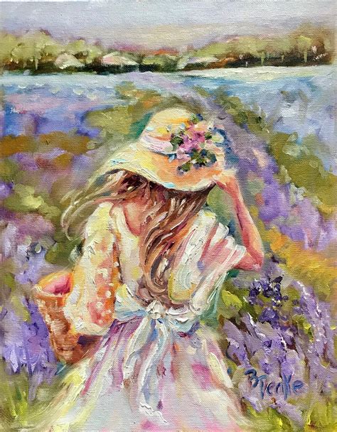 Original Art Oil Painting Woman With Hat In Field Of Lavender X Inch Loose Impressionist