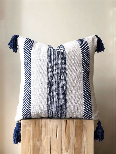 Blue And White Striped Boho Pillow With Tassels Natural Etsy Boho
