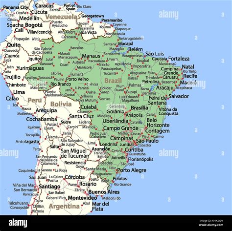 Map Of Brazil Shows Country Borders Urban Areas Place Names And
