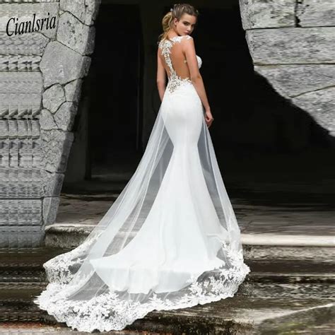 Newest Cap Sleeve Long Mermaid Wedding Dress Appliques Lace