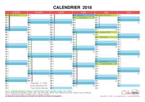 Calendrier Semestriel Année 2018 Avec Jours Fériés Et Vacances
