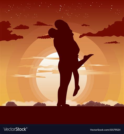 Silhouette Of Loving Couple In Hug At Sunset Vector Image