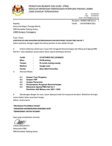 Surat Jemputan Mesyuarat Pibg 2021 Smk Kompleks Padang Jambu