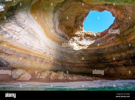 A View Of The Inside Of The Benagil Cave On The Algarve Coast Of