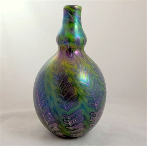 Charles Lotton Signed Art Glass Double Gourd Vase Iridescent Green Wisteria Ebay Art Glass