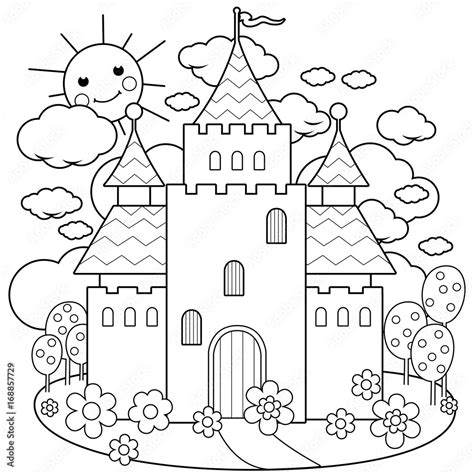 Fairy Tale Castle And A Beautiful Garden With Flowers Vector Black And