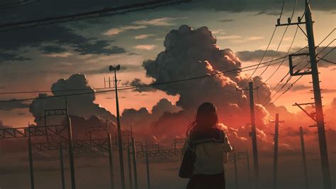 Download 720x1280 Anime School Girl Back View Sunset Scenery Clouds