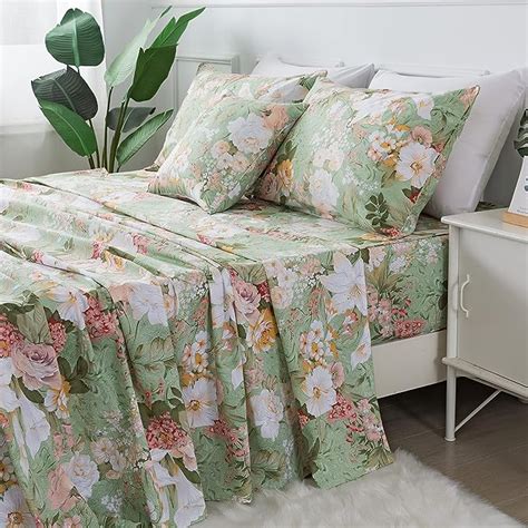 Fadfay Floral Bed Sheets Set Queen Size 100 Cotton Mint Green Botanical Sheet Sets